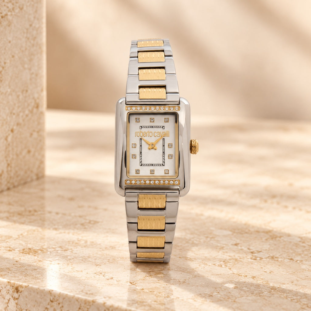 Roberto Cavalli Silver & Gold Watch, Rectangular Crystal