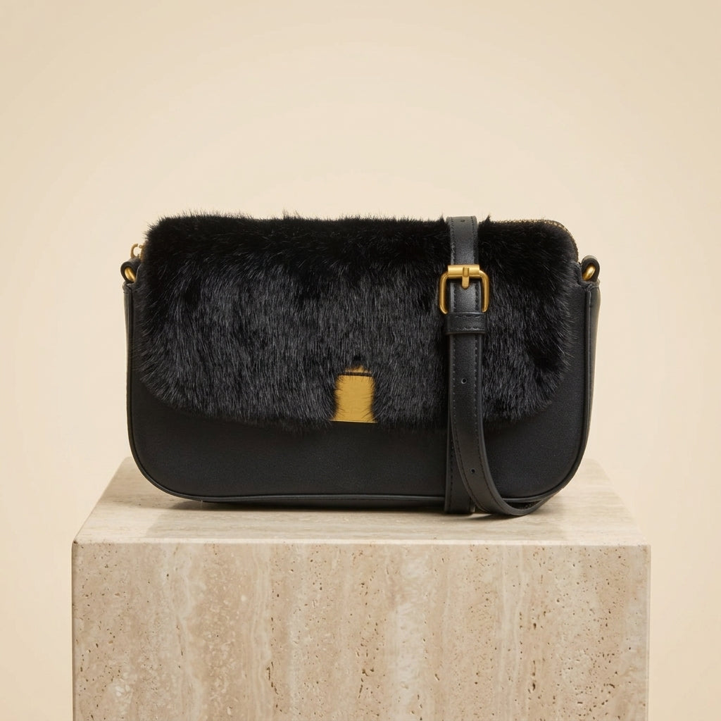 Bessie London Black Faux Fur Crossbody Bag