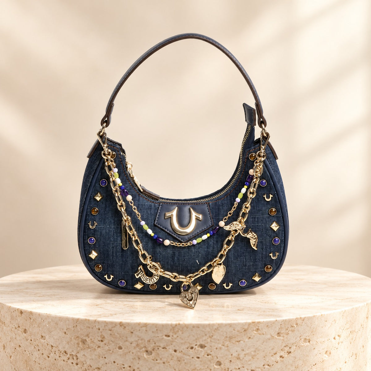 True Religion Blue Studded Denim Shoulder Bag