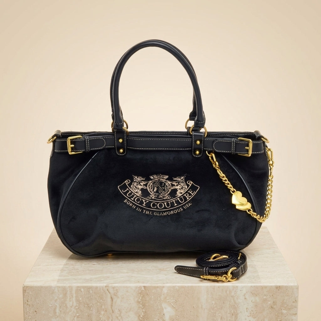 Juicy Couture Black Velour Shoulder Bag, Gold Heart Charm