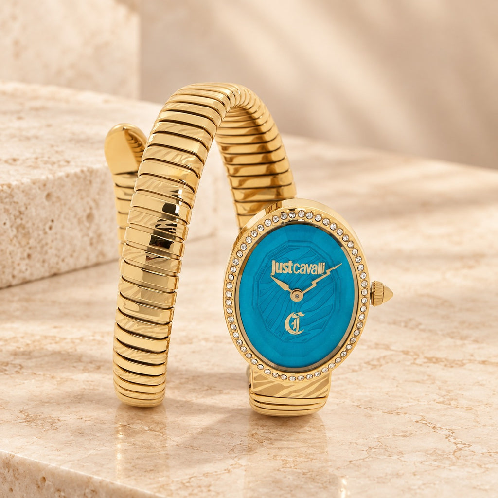 Just Cavalli Snake Wrap Watch, Gold-Tone Turquoise Crystal