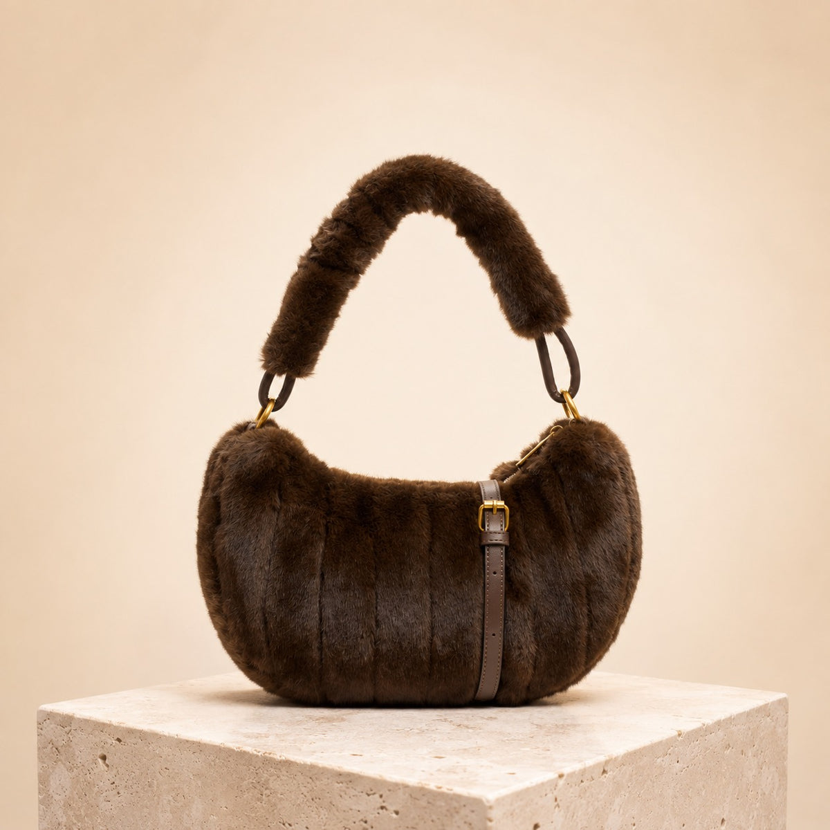 Bessie London Brown Faux Fur Shoulder Bag