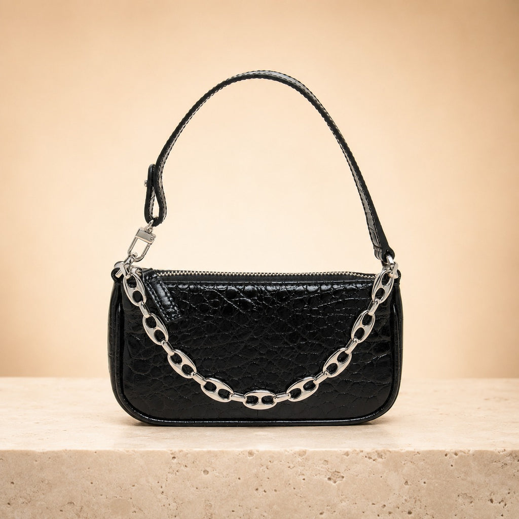 By Far Mini Black Croc Leather Handbag