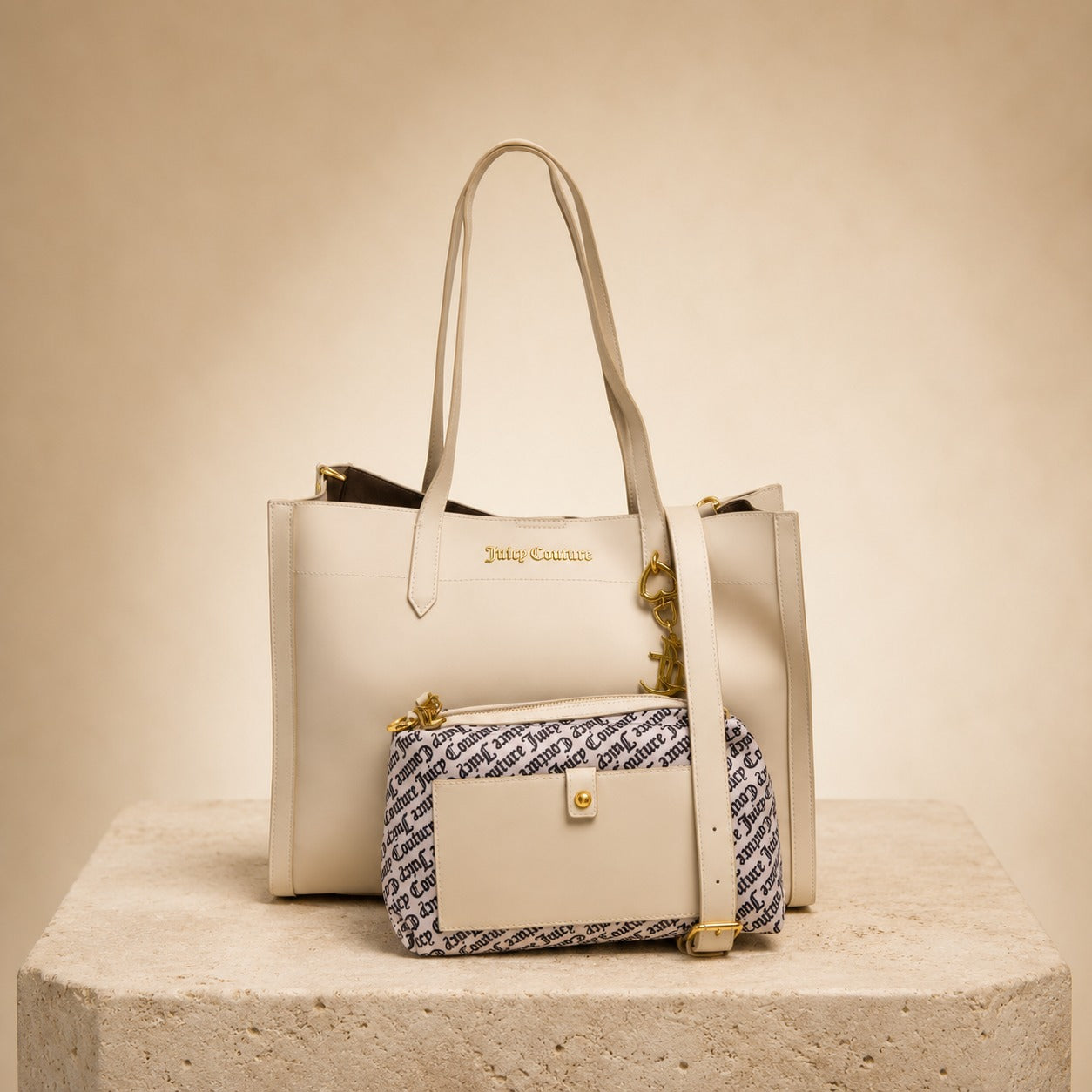 Juicy Couture Cream Lily Tote Bag, Monogram Pouch
