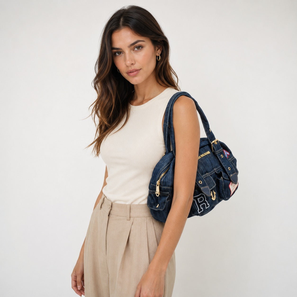 True Religion Blue Denim Multi Patch Shoulder Bag