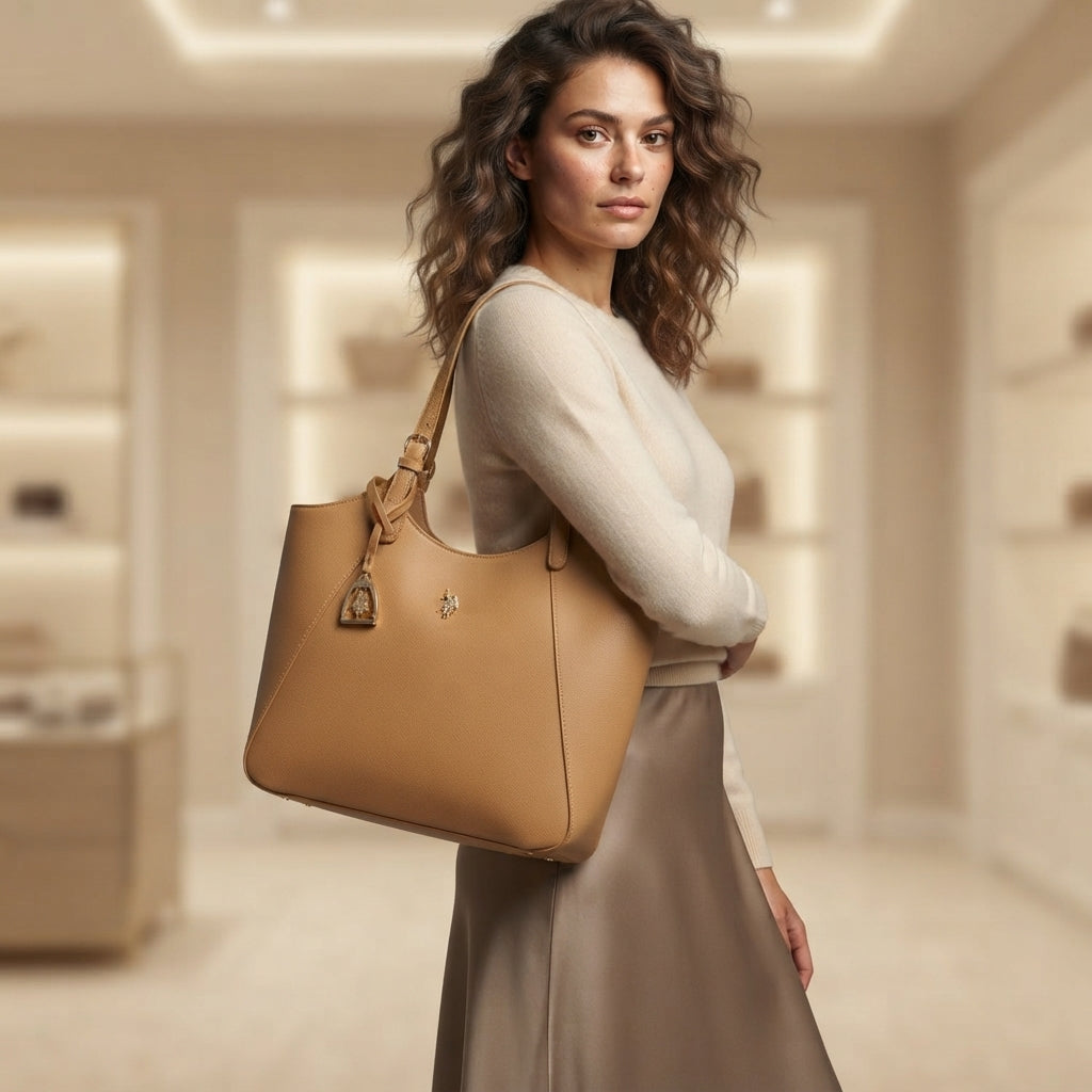 U.S. Polo Assn. Camel Faux Leather Jones Shopping Tote Bag