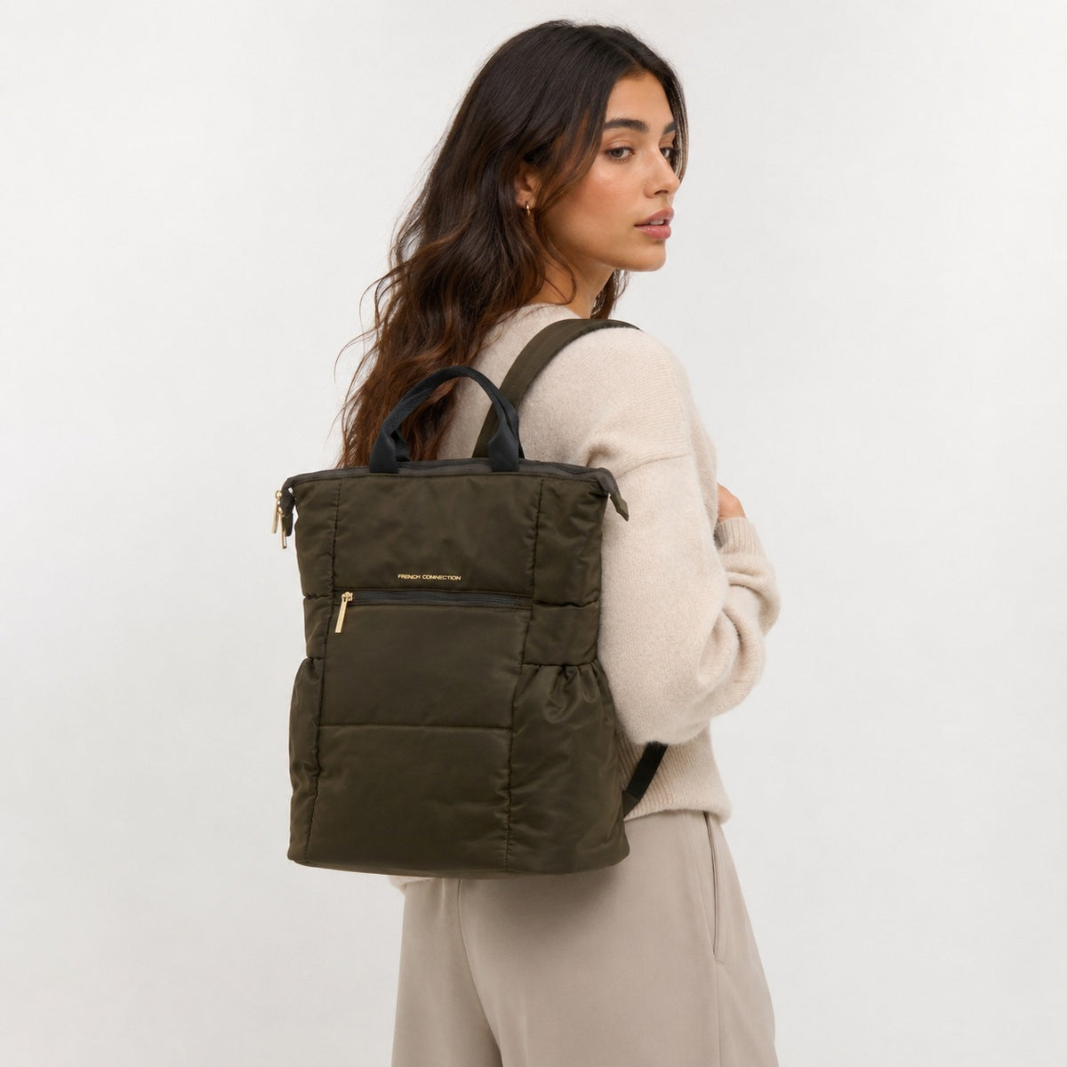 French Connection Olive Quilted Backpack