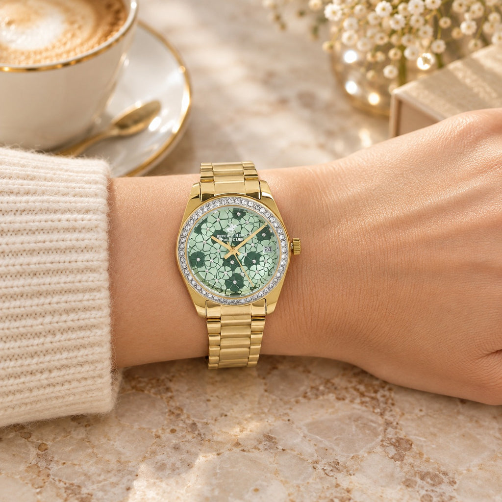 Beverly Hills Polo Club Gold-Tone Watch, Green Floral Dial