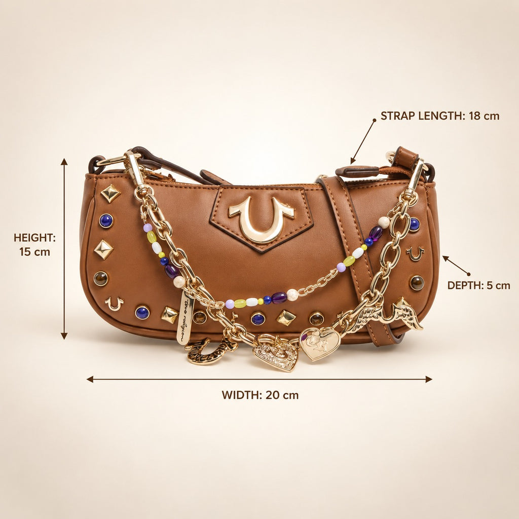 True Religion Brown Shoulder Bag, Charm Chain