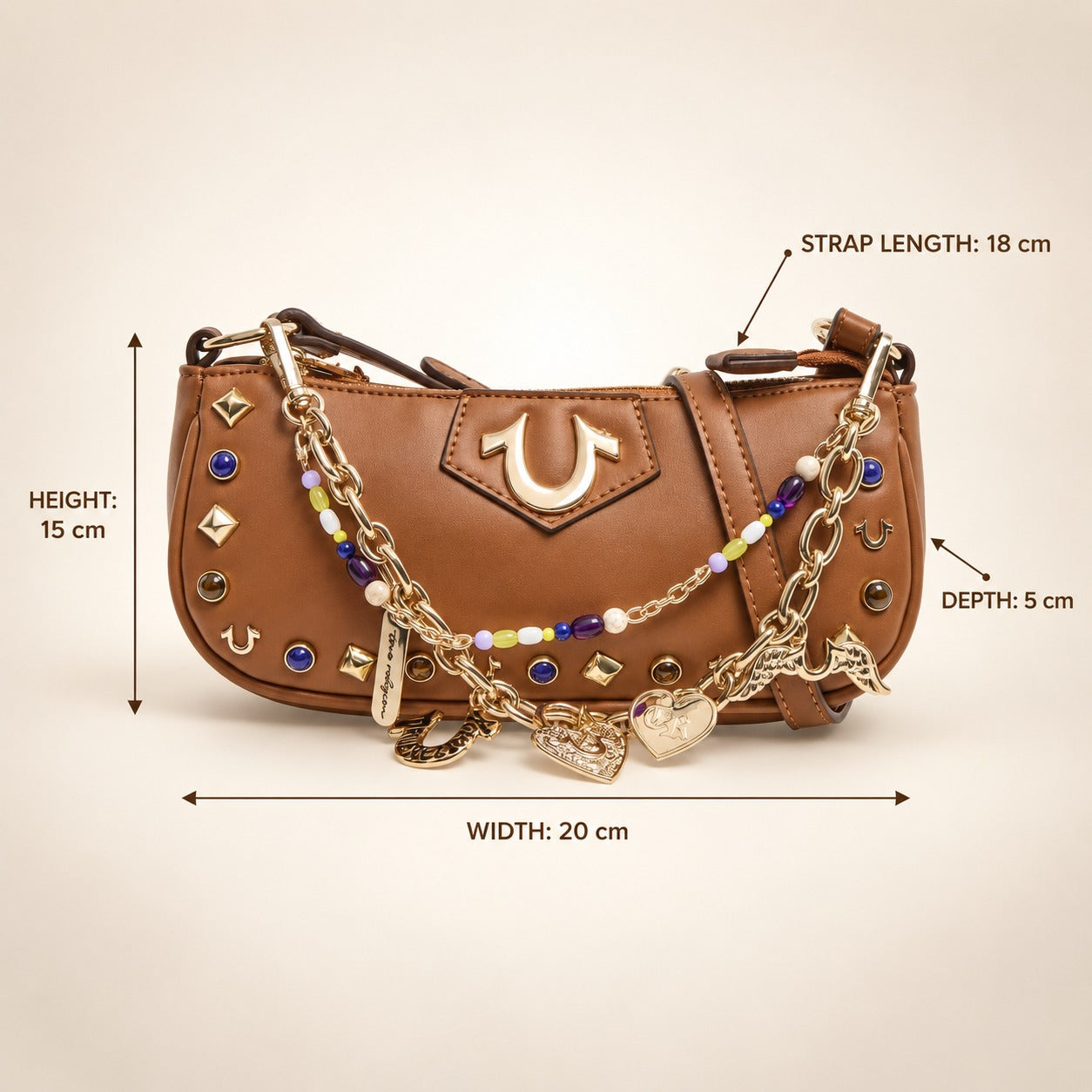True Religion Brown Shoulder Bag, Charm Chain