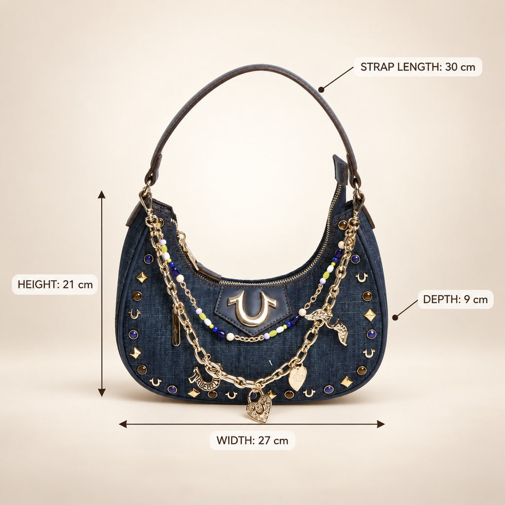 True Religion Blue Studded Denim Shoulder Bag