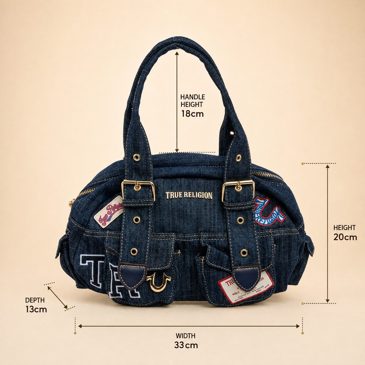 True Religion Blue Denim Multi Patch Shoulder Bag
