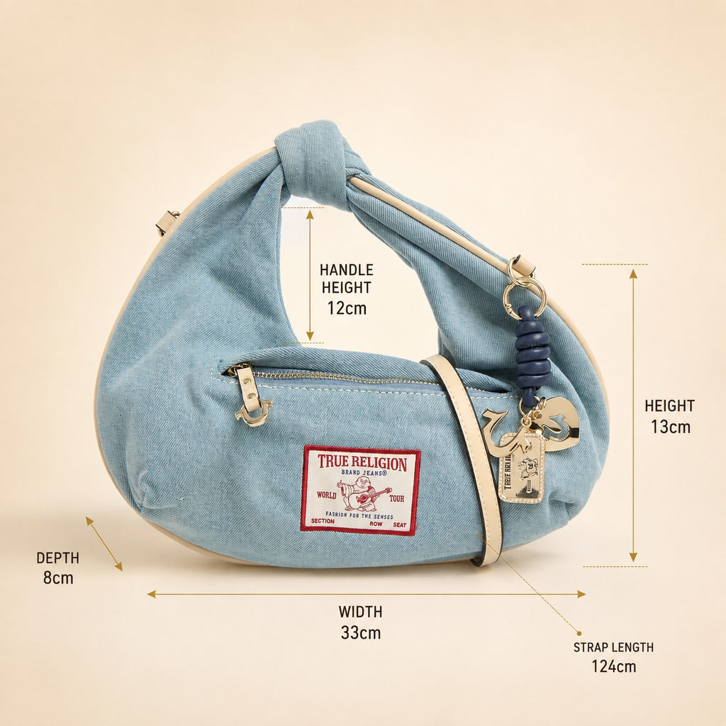 True Religion Light Blue Denim Knotted Hobo Handbag