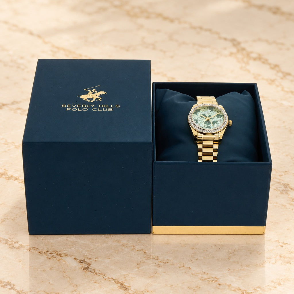 Beverly Hills Polo Club Gold-Tone Watch, Green Floral Dial