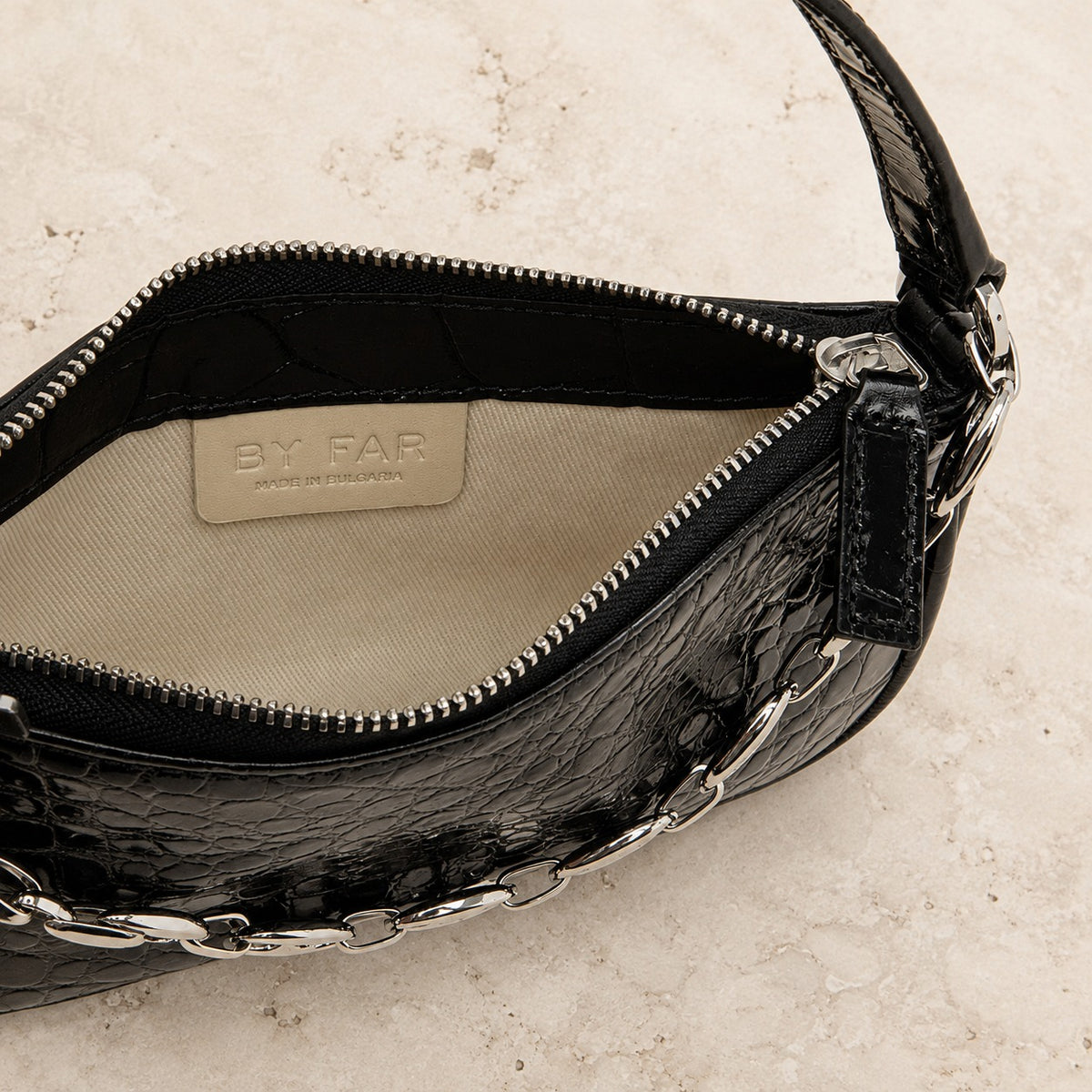 By Far Mini Black Croc Leather Handbag