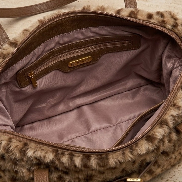 Bessie London Beige Faux Fur Animal Pattern Shoulder Bag