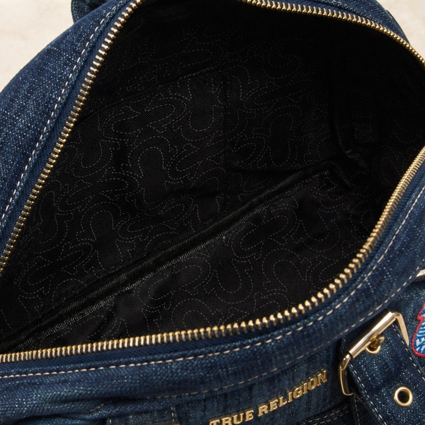 True Religion Blue Denim Multi Patch Shoulder Bag