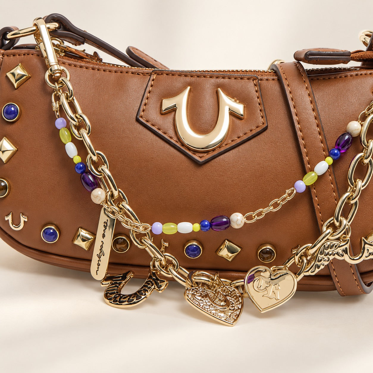 True Religion Brown Shoulder Bag, Charm Chain