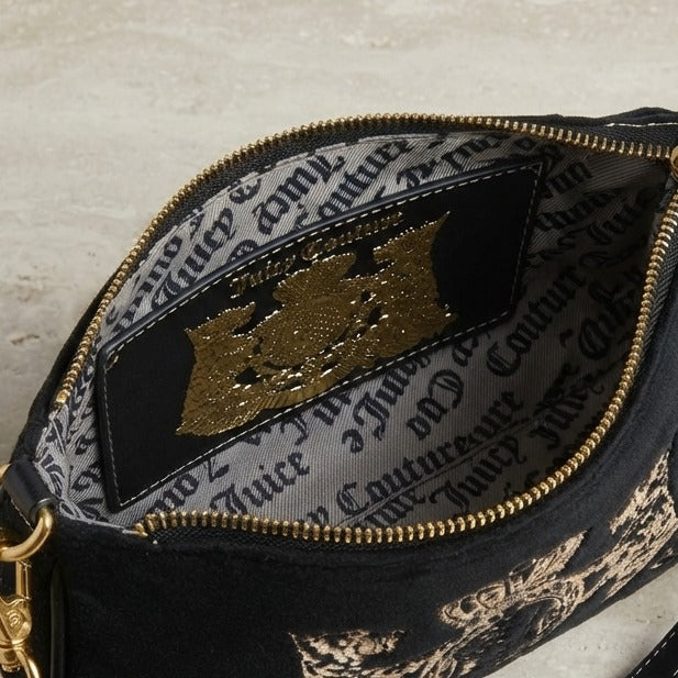 Juicy Couture Black Twig Narrative Small Velvet Hobo Cross Body Bag