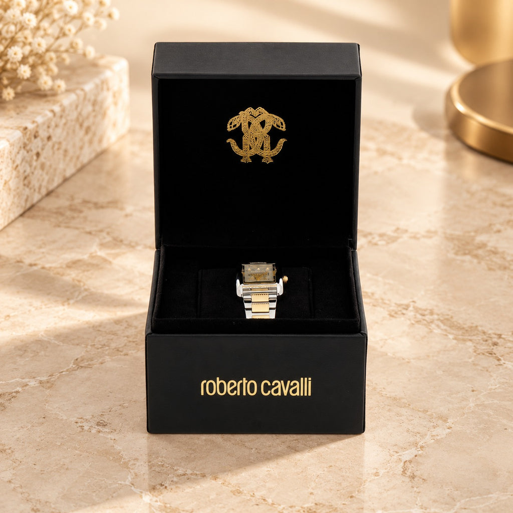 Roberto Cavalli Silver & Gold Watch, Rectangular Crystal