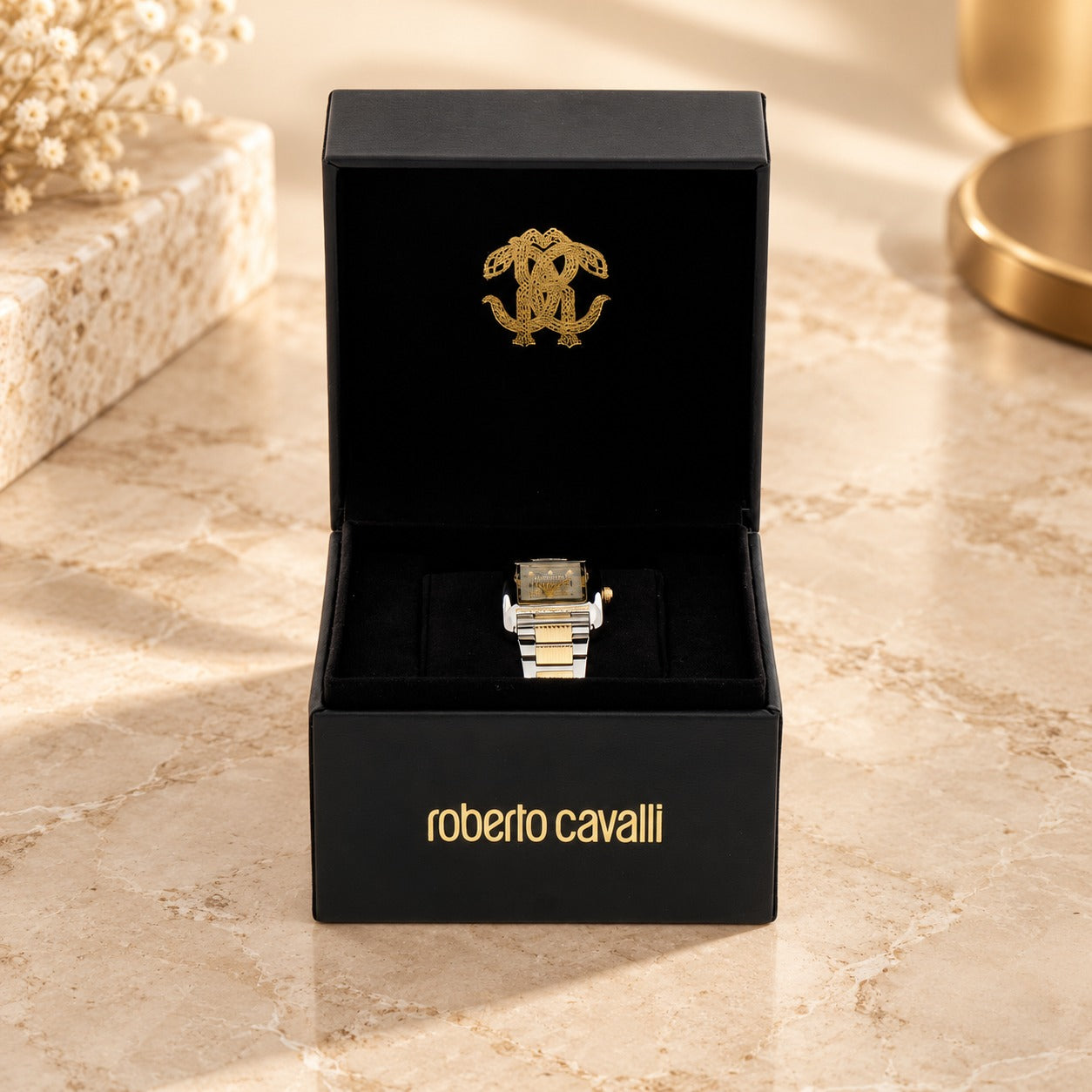 Roberto Cavalli Silver & Gold Watch, Rectangular Crystal
