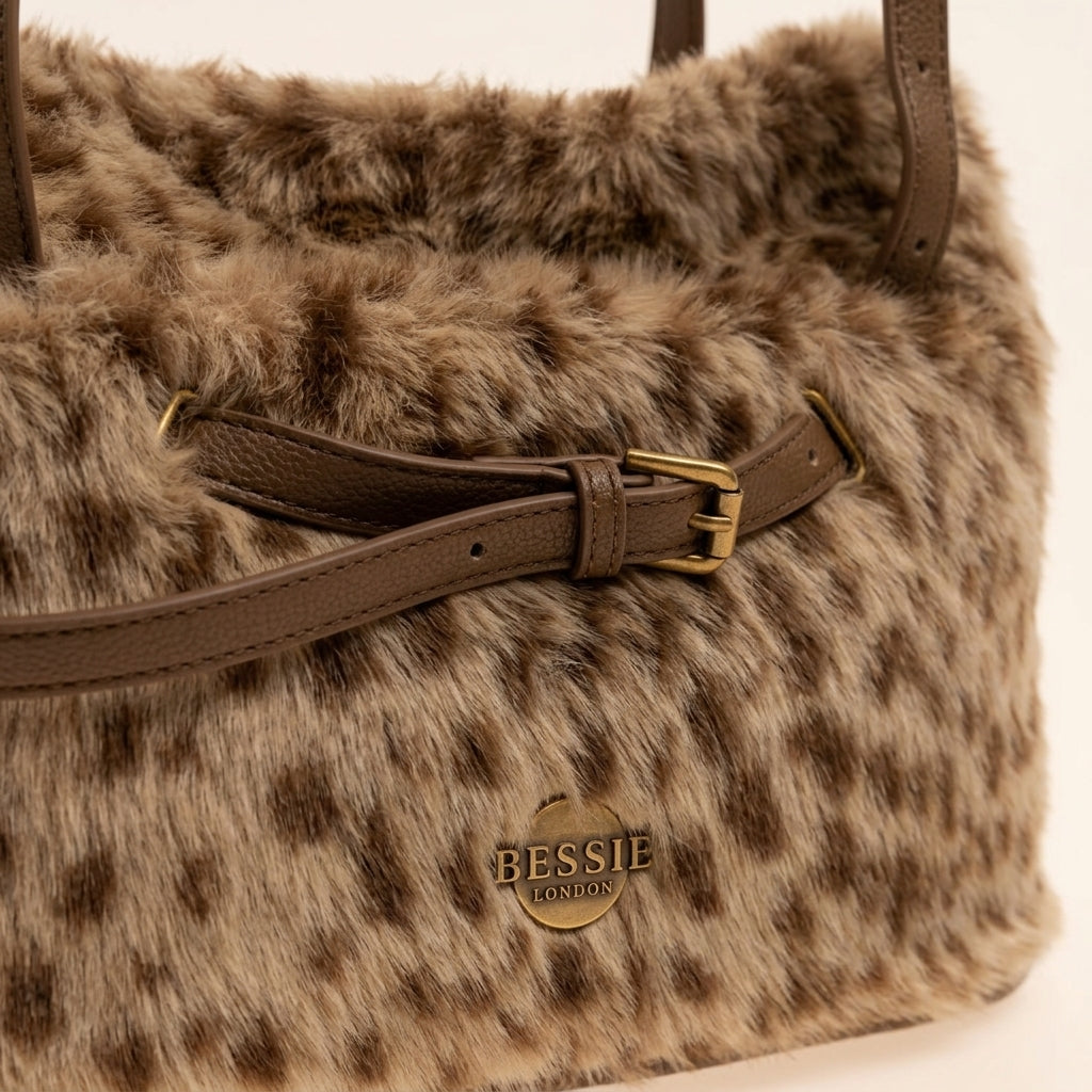 Bessie London Beige Faux Fur Animal Pattern Shoulder Bag