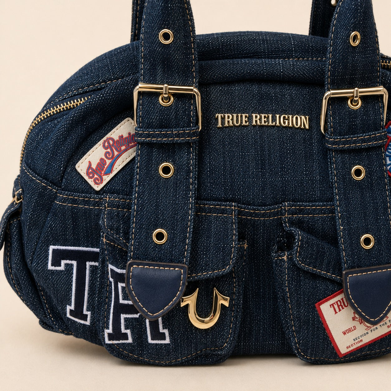True Religion Blue Denim Multi Patch Shoulder Bag