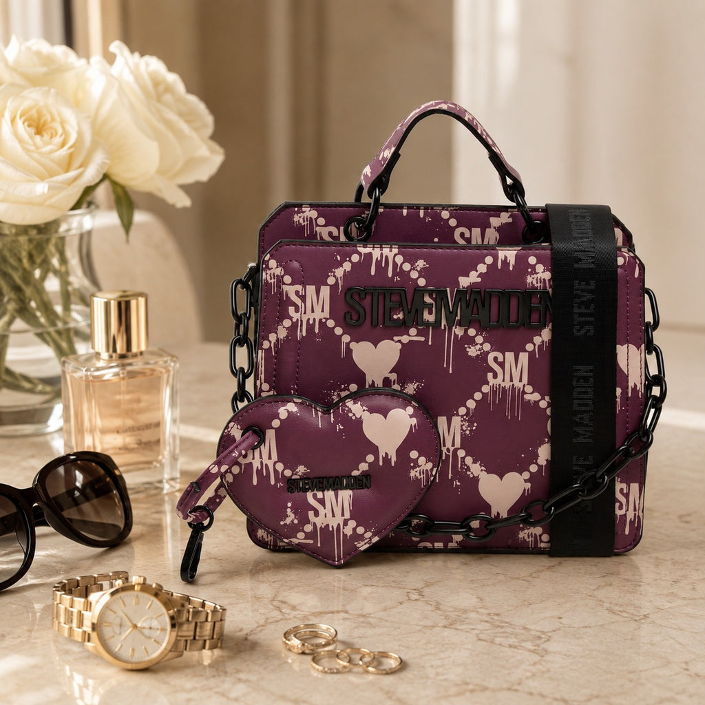 Steve Madden Purple Dripping Heart & Logo Cross Body Bag