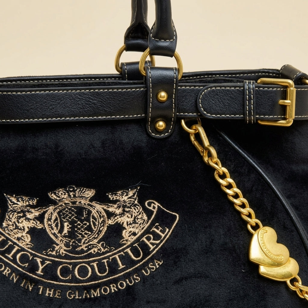 Juicy Couture Black Velour Shoulder Bag, Gold Heart Charm