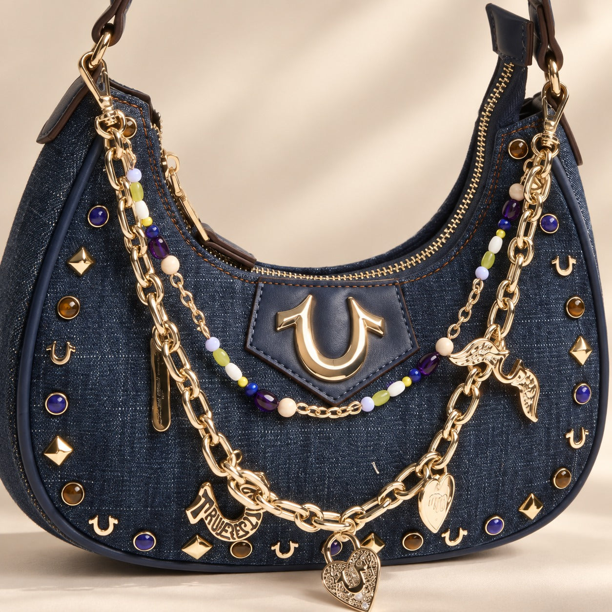 True Religion Blue Studded Denim Shoulder Bag