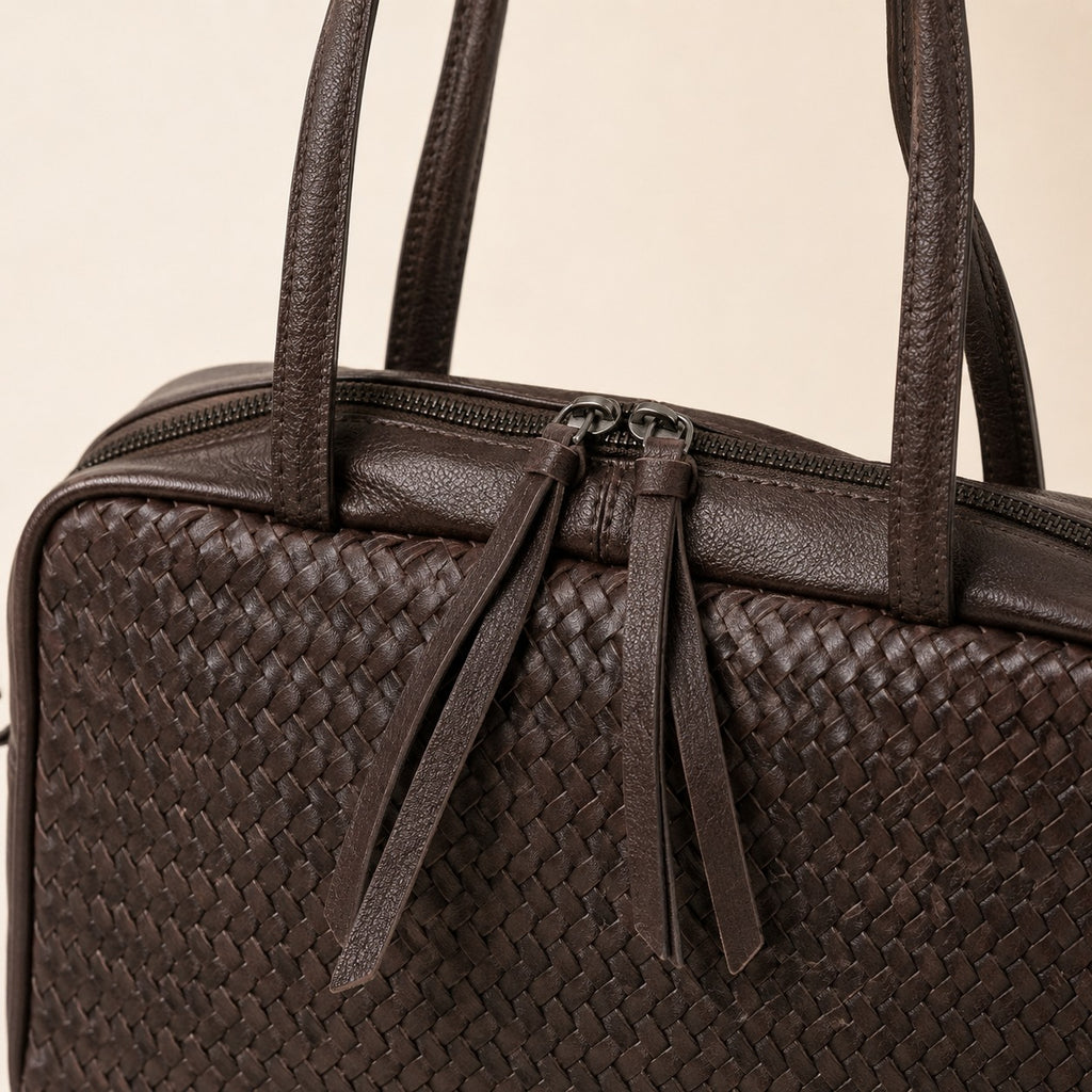 Rehard Dark Brown Leather Woven Bowling Bag