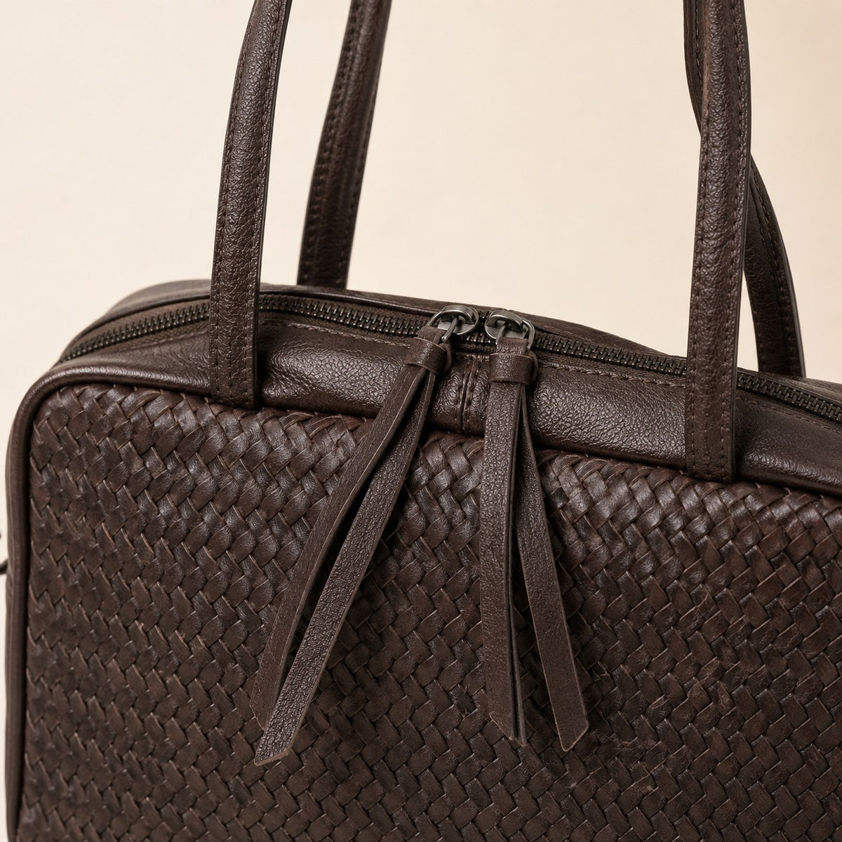 Rehard Dark Brown Leather Woven Bowling Bag