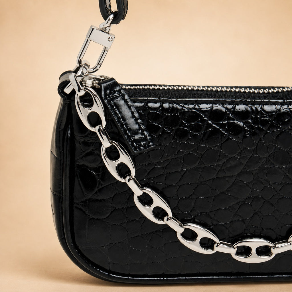 By Far Mini Black Croc Leather Handbag