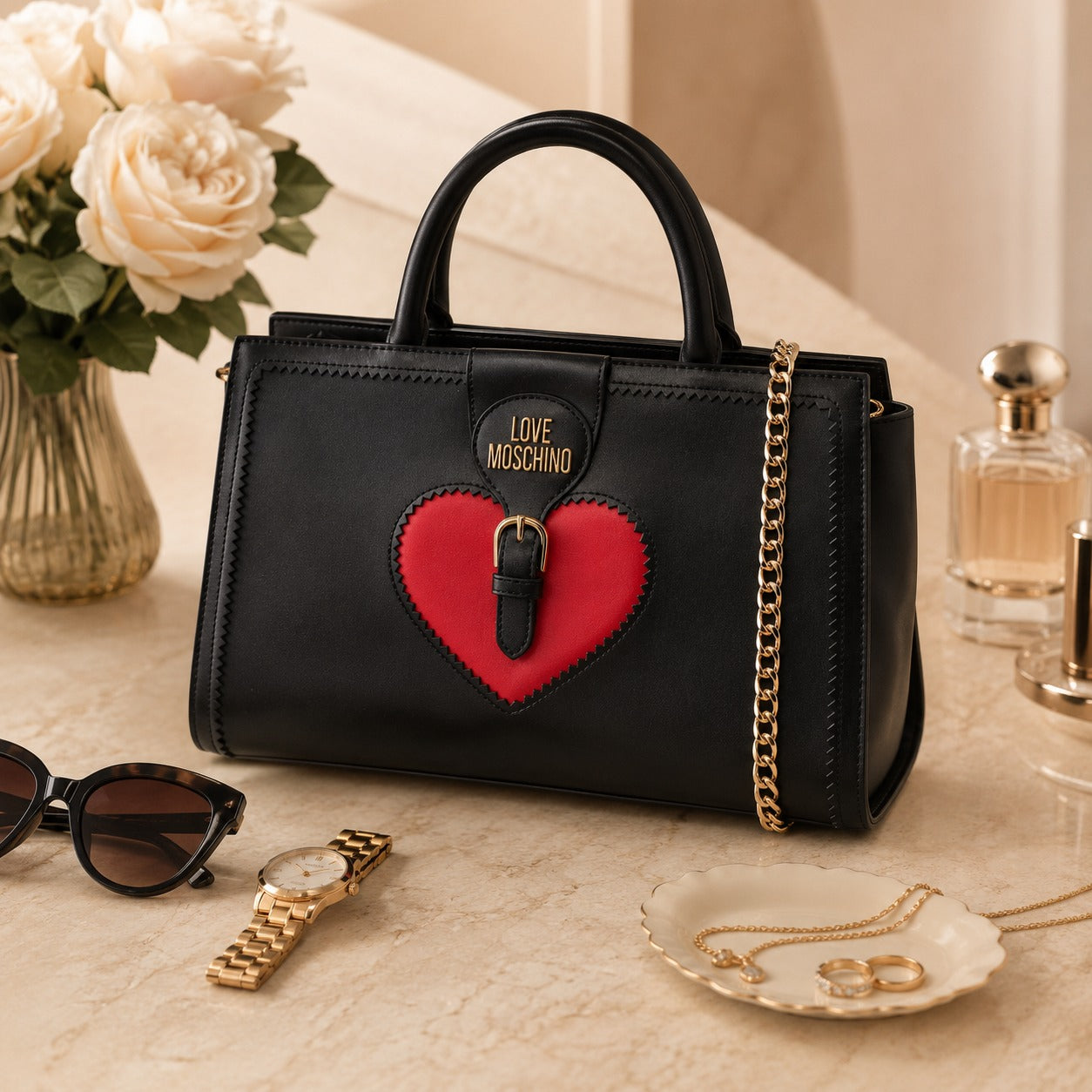 Love Moschino Black Heart Buckle Handbag