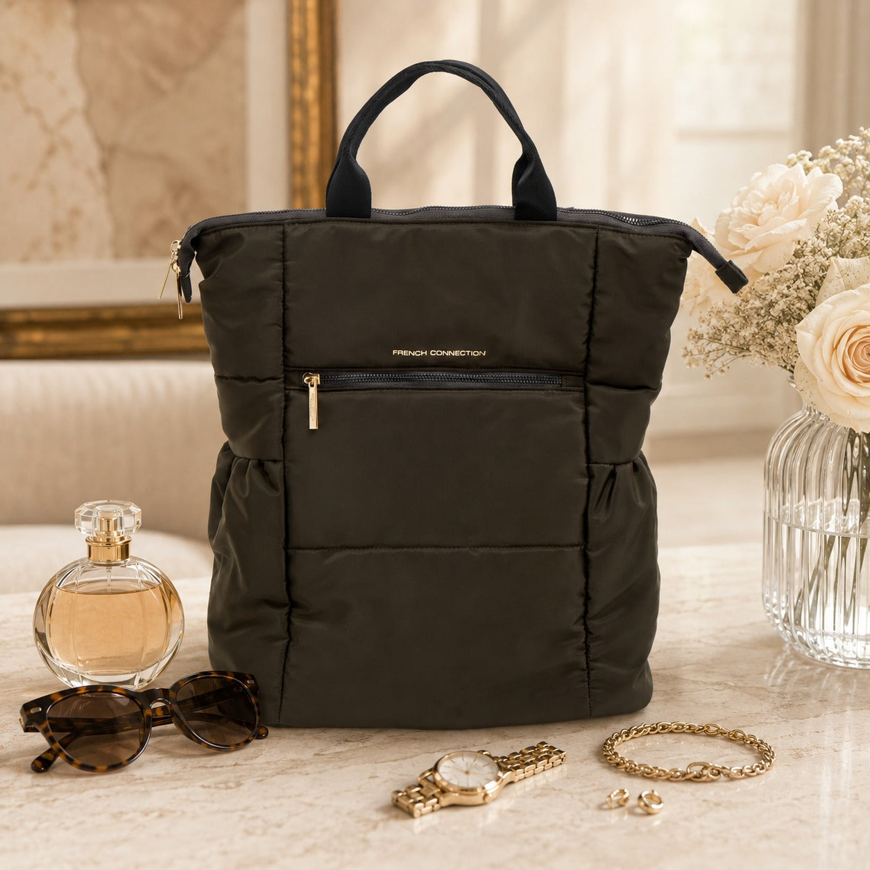 French Connection Olive Quilted Backpack