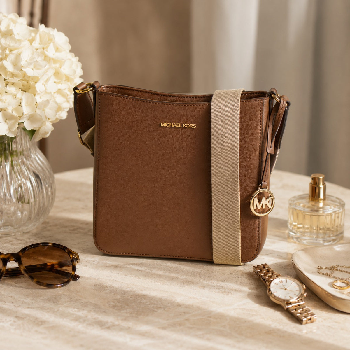Michael Kors Brown Crossbody Bag, Gold Hardware