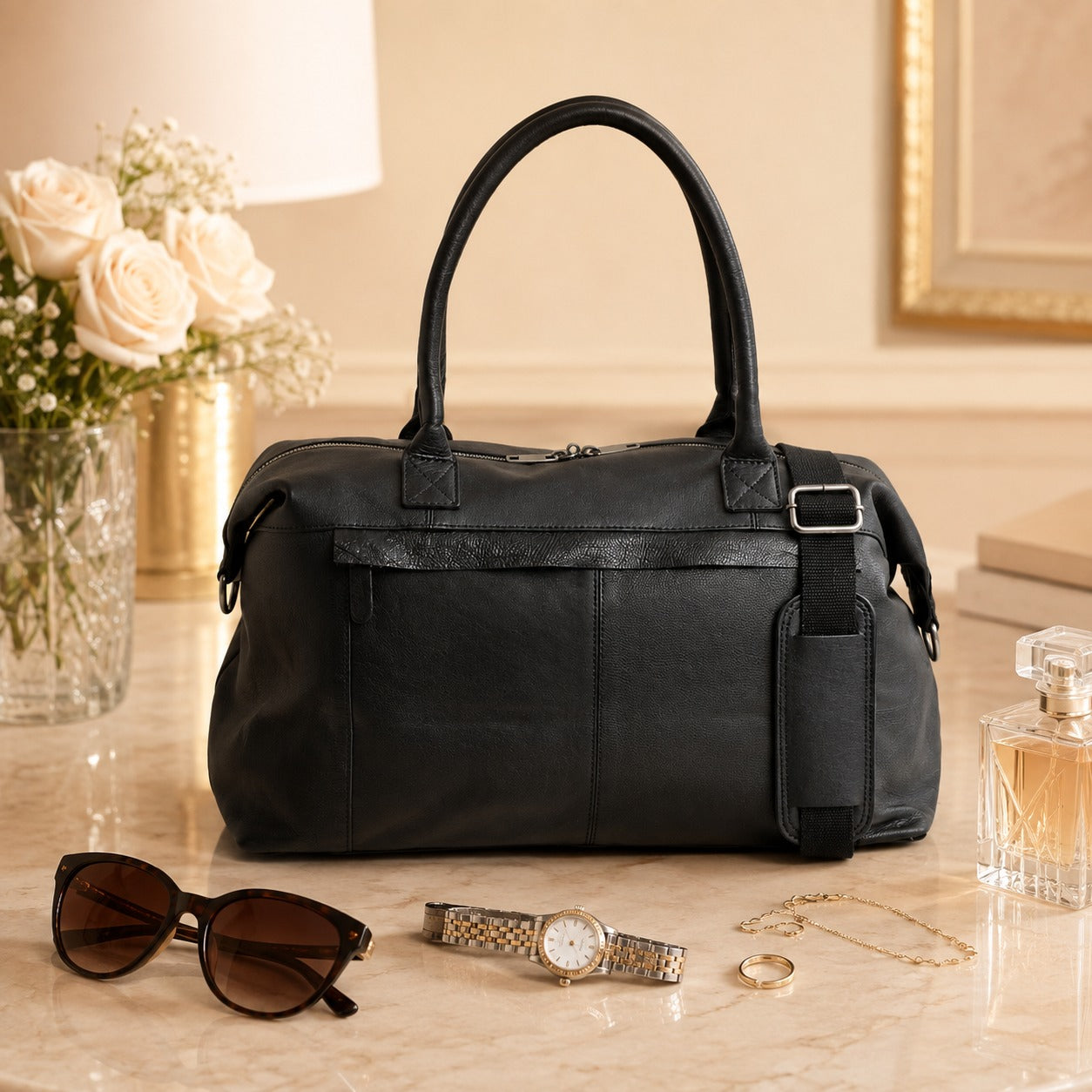 Leather Culture Black Leather Duffle Handbag