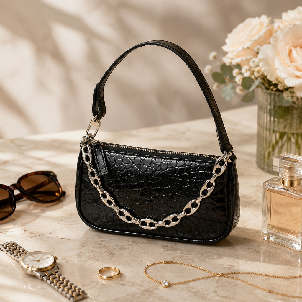 By Far Mini Black Croc Leather Handbag