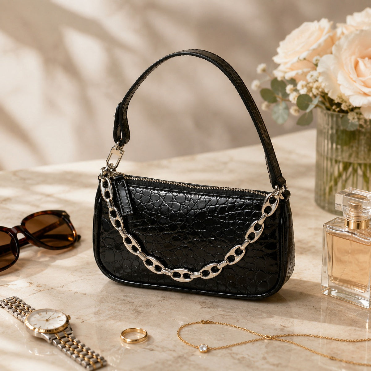 By Far Mini Black Croc Leather Handbag