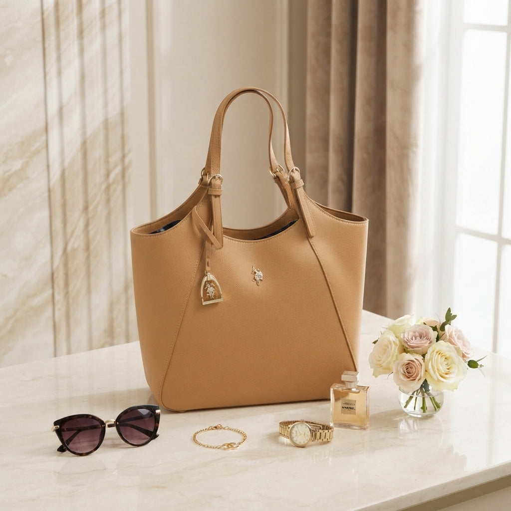 U.S. Polo Assn. Camel Faux Leather Jones Shopping Tote Bag
