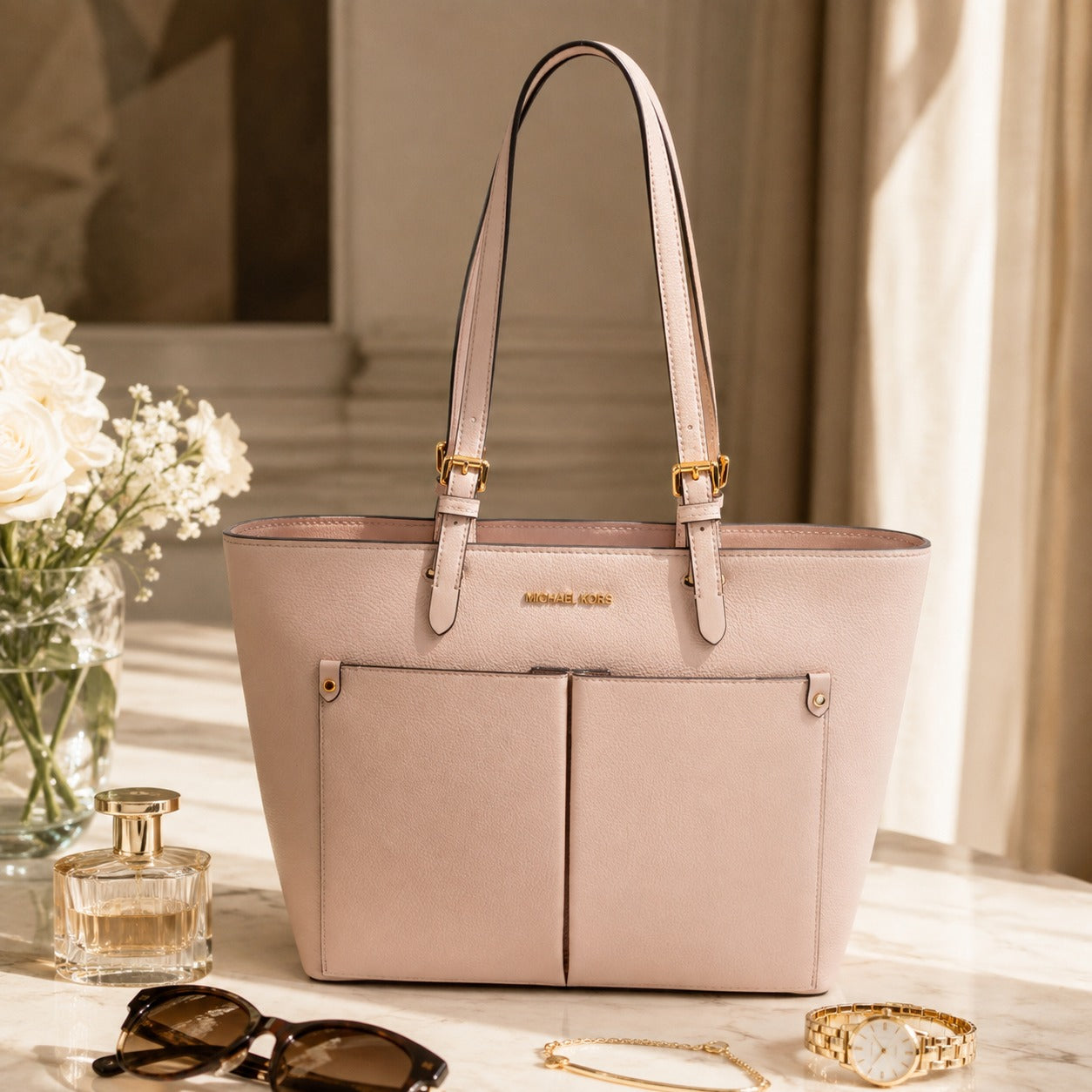 Michael Kors Powder Blush Jet Set Tote Bag, Pebbled Leather