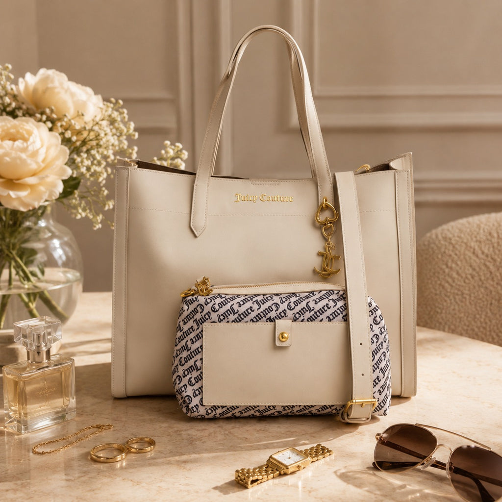 Juicy Couture Cream Lily Tote Bag, Monogram Pouch