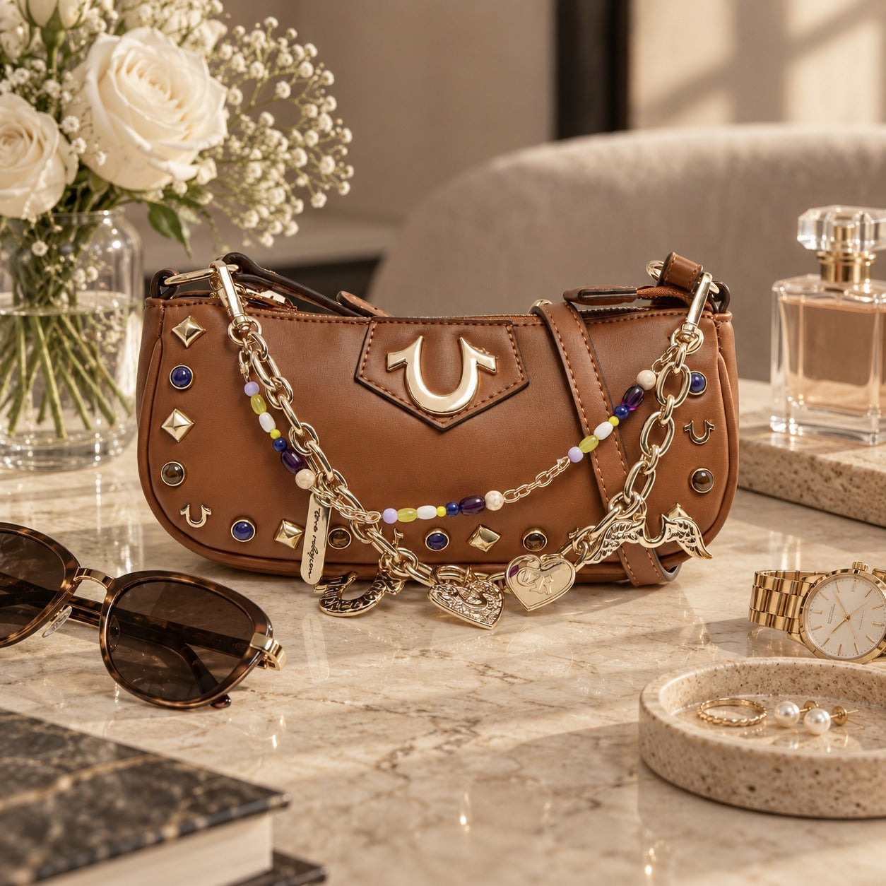 True Religion Brown Shoulder Bag, Charm Chain