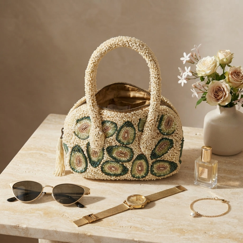 Mirasol Beige Avocado Beaded Bag