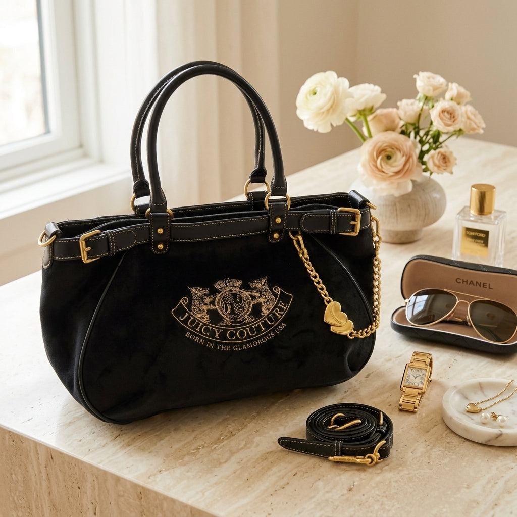 Juicy Couture Black Velour Shoulder Bag, Gold Heart Charm