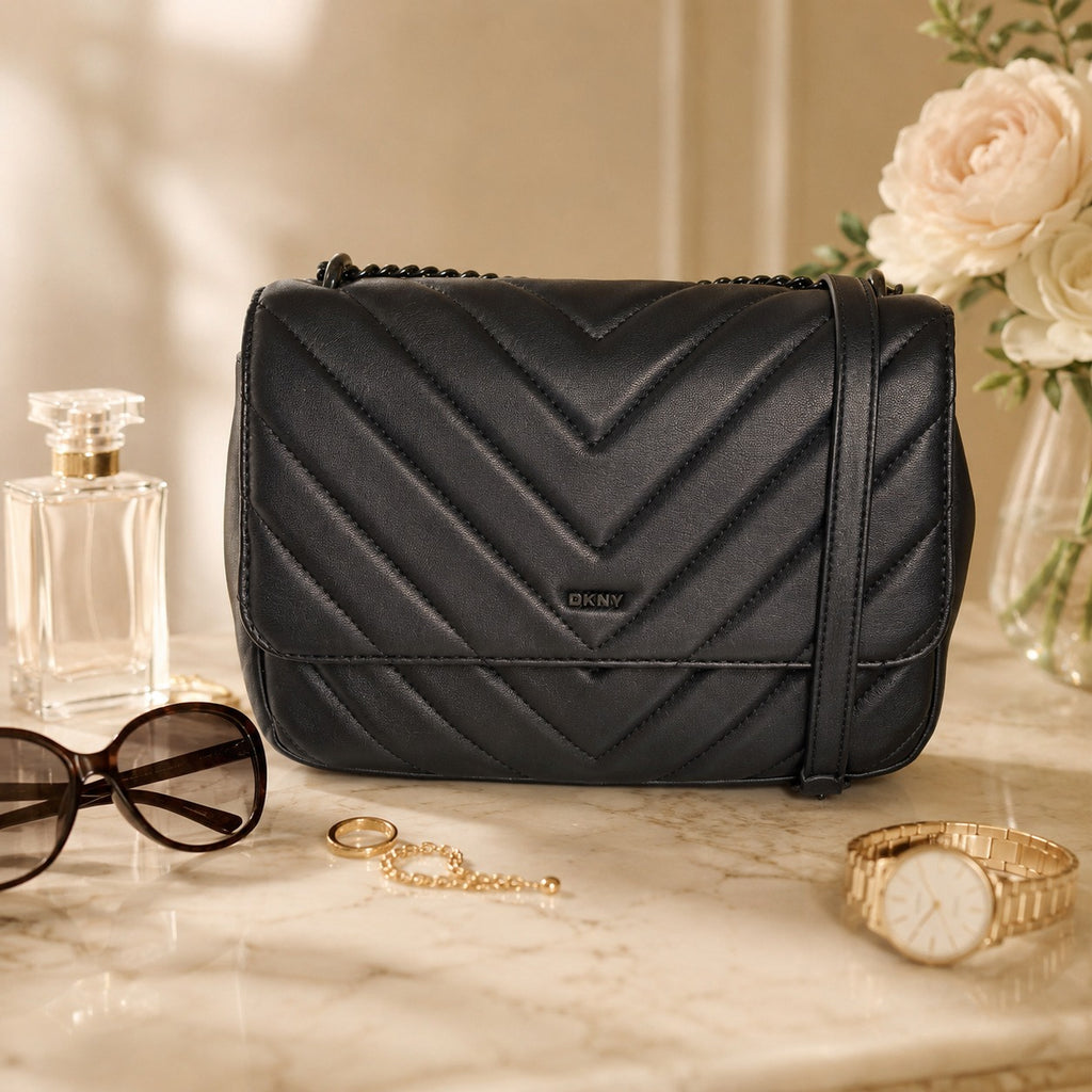 DKNY Black Veronica Chevron Shoulder Bag