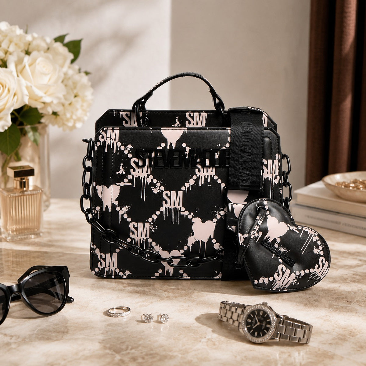 Steve Madden Black Dripping Hearts Cross Body Bag