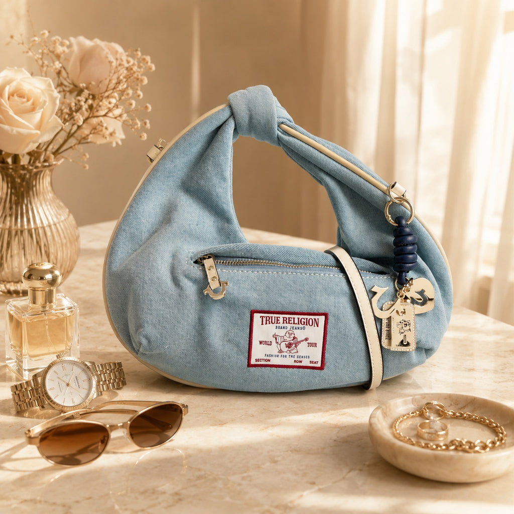 True Religion Light Blue Denim Knotted Hobo Handbag