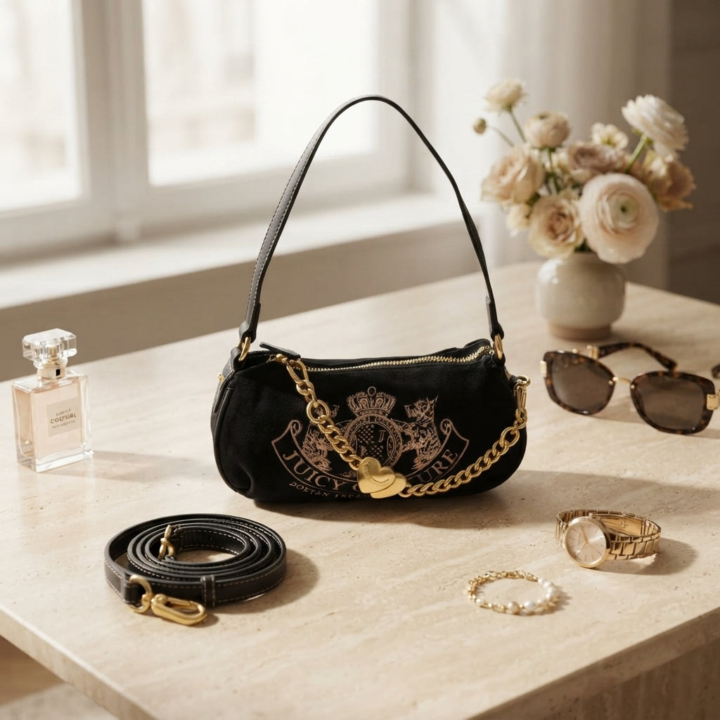 Juicy Couture Black Twig Narrative Small Velvet Hobo Cross Body Bag