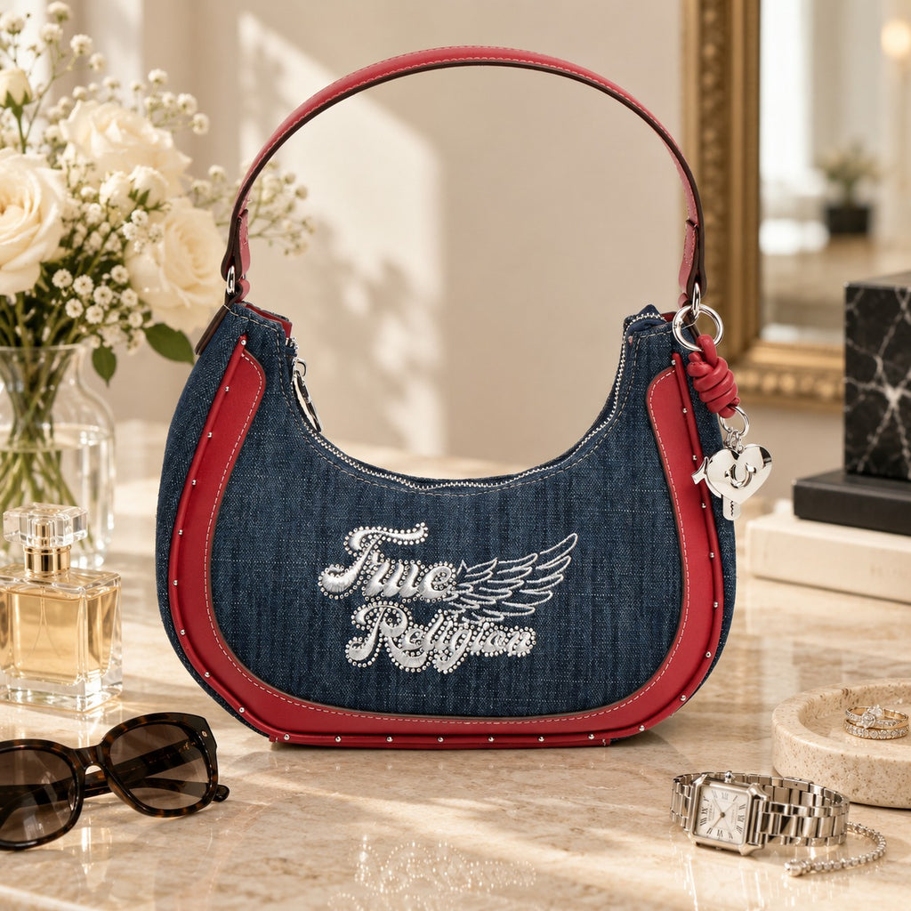 True Religion Blue & Red Crescent Hobo Shoulder Bag